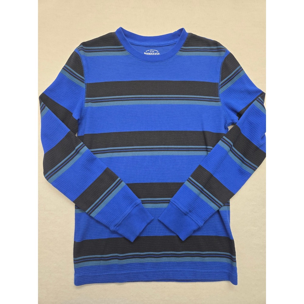 Roebuck & Co. Mens‎ Small Long Sleeve Crew Neck Striped Waffle Knit Shirt Blue